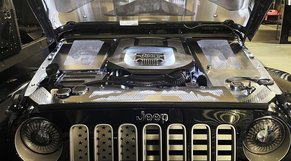 Radiator Cover White LED Illumination fits 2007-18 Jeep Wrangler JK [Perforated]