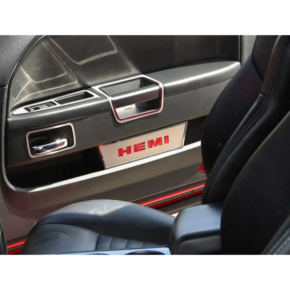 Door Badges Bright Red 'HEMI' Inlay for 2008-2014 Dodge Challenger [Brushed]